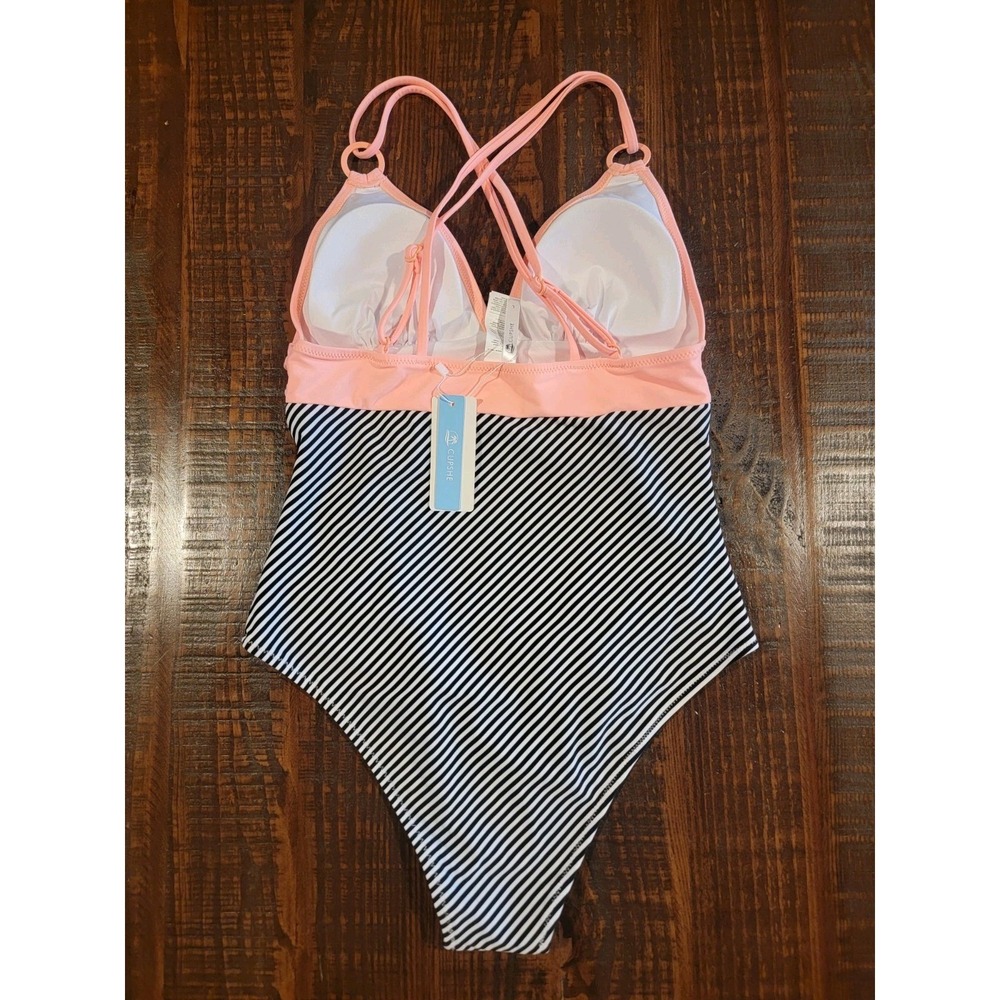 NWT Cupshe Womens One Piece Swimsuit Size Large Black,White & Bright Coral - Picture 4 of 7